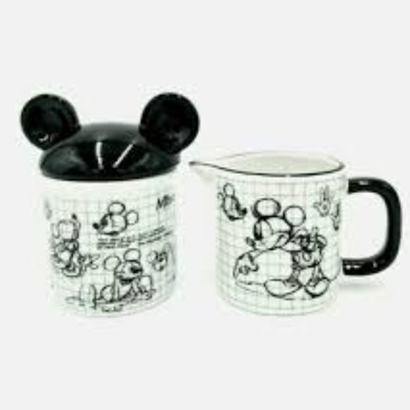Disney & Zrike SKETCHBOOK Mickey Mouse Creamer & Sugar Bowl w Lid Box Set New - Picture 1 of 11